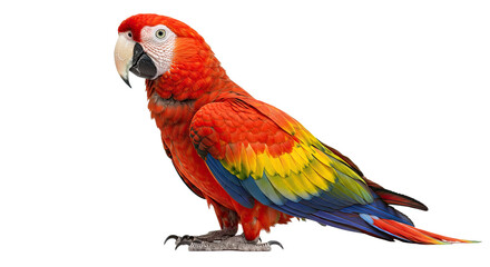 Fototapeta premium Scarlet Macaw Standing Proudly Isolated White Background Vivid Red Yellow Blue Feathers Sharp High Res Bird