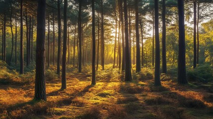 Fototapeta premium Golden sunlight streaming through tall pine forest trees day fall calm woods green brown image photo