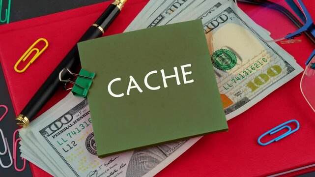 Animation of the CACHE abbreviation on a green sticker on the desktop near a stack of cash and colorful stationery, indicating a favorable learning environment