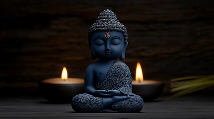 Peaceful blue Buddha statue with candles