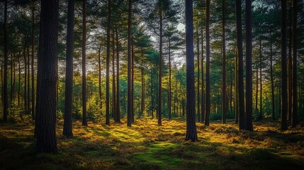 Fototapeta premium Golden sunlight illuminates tranquil pine forest scene peaceful nature woods background dark view
