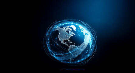 Glowing blue digital globe, continents subtly outlined, surrounded by energy lines against a dark background.  Represents global network, connection, and technology.