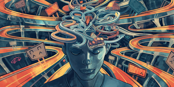 Mind crossroads: man&rsquo;s head crammed with path lines splitting toward various symbols