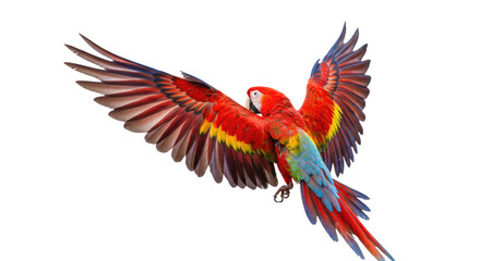 Obraz premium Scarlet Macaw Wing Stretch Isolated White Background Studio Shot Colorful Feathers Fanned Out Sharp Bird