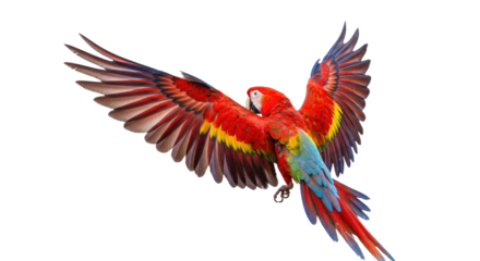 Scarlet Macaw Wing Stretch Isolated White Background Studio Shot Colorful Feathers Fanned Out Sharp Bird