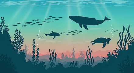 Obraz premium Underwater sea background with fish and seaweed silhouettes. Vector illustration of ocean floor and marine life.