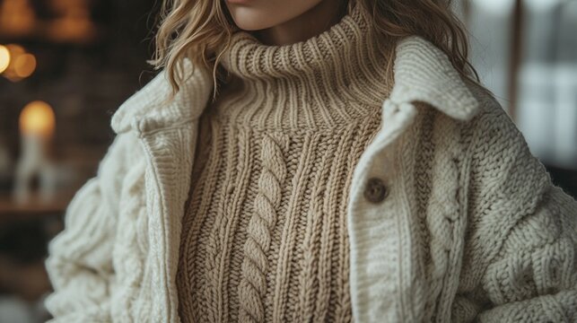 Fashion minimalism with a focus on a sophisticated outfit. A beige sweater is layered under an off-white, textured jacket, both set against a clean, minimalist backdrop 