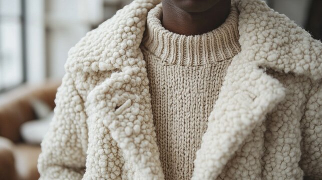 Fashion minimalism with a focus on a sophisticated outfit. A beige sweater is layered under an off-white, textured jacket, both set against a clean, minimalist backdrop 