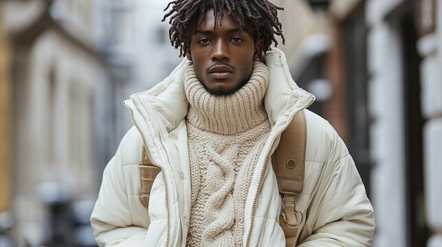 Fashion minimalism with a focus on a sophisticated outfit. A beige sweater is layered under an off-white, textured jacket, both set against a clean, minimalist backdrop 