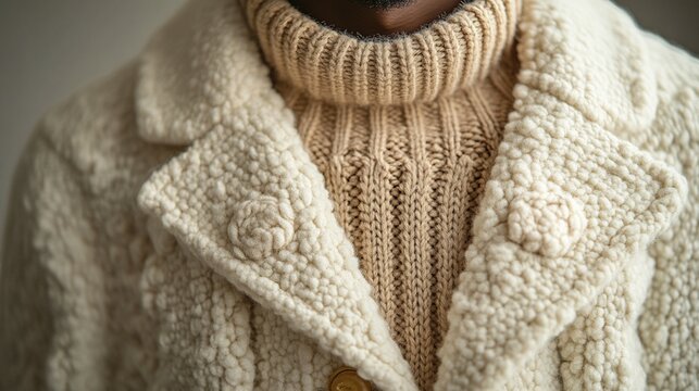 Fashion minimalism with a focus on a sophisticated outfit. A beige sweater is layered under an off-white, textured jacket, both set against a clean, minimalist backdrop 