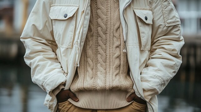 Fashion minimalism with a focus on a sophisticated outfit. A beige sweater is layered under an off-white, textured jacket, both set against a clean, minimalist backdrop 