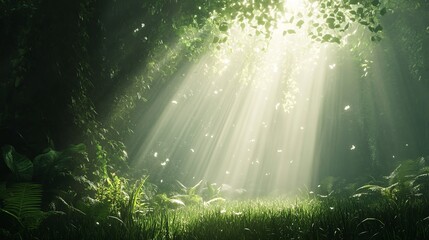 Magical sunbeams illuminate lush green forest canopy art dark rays light trees scene image grass