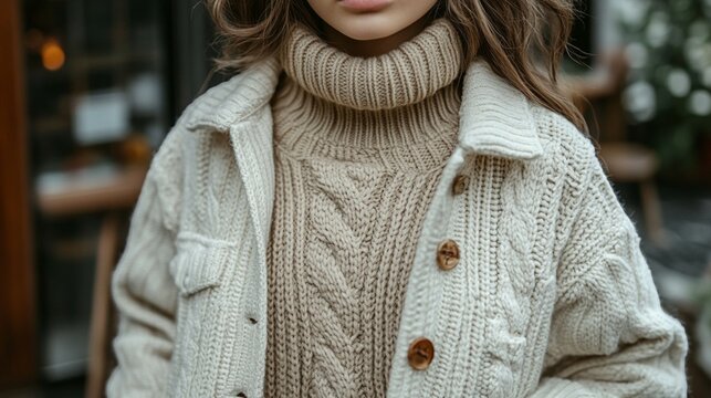 Fashion minimalism with a focus on a sophisticated outfit. A beige sweater is layered under an off-white, textured jacket, both set against a clean, minimalist backdrop 