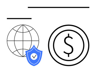 Globe with blue shield featuring checkmark and dollar icon representing security, global economy, digital currency, finance technology. Ideal for fintech, cybersecurity, banking, global trade