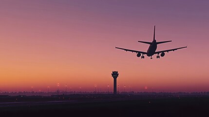 Sunset Airplane Landing: A Majestic Silhouette Against the Dusk Sky