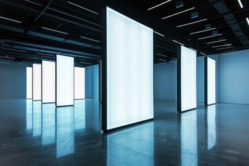 Spacious dark gallery room with multiple large vertical illuminated white rectangular panels hanging from ceiling creating soft reflections on polished floor, evoking futuristic and calm atmosphere