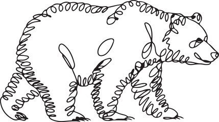 A simple vector drawing of a bear using continuous line art style depicted walking towards the viewer in minimalist black linear sketch design isolated on a white background