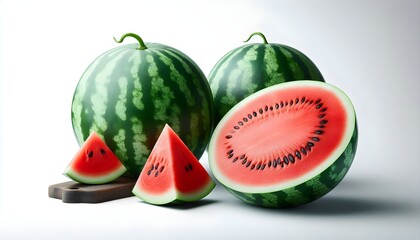 Whole and sliced watermelon with juicy red flesh and green rind, isolated on a pure white background, perfect for commercial food presentation.