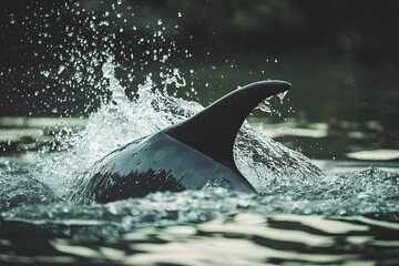 Close up of a dolphin fin breaking the surface of the water with splashing drops around it