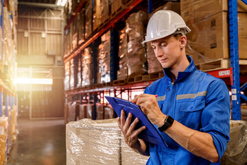 A warehouse worker doing inventory inspection on a clipboard in a storage warehouse.