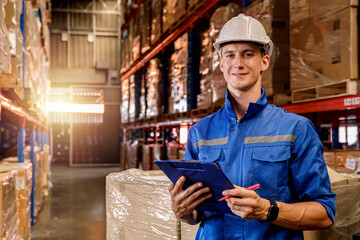 A warehouse worker doing inventory inspection on a clipboard in a storage warehouse.
