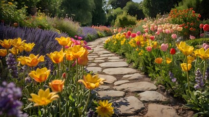 Blooming Stone Path Through a Vibrant Flower Garden