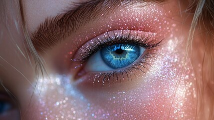 close-up of a woman's blue eye with dazzling pink glitter makeup and long eyelashes  
