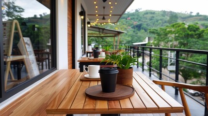 Obraz premium Outdoor cafe terrace with wooden tables, coffee cups, potted plants, string lights, and a scenic view of lush green hills.