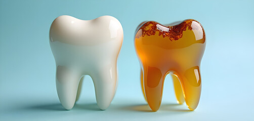 A white tooth next to a brown tooth on a blue background.