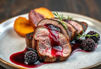 Seared duck breast, blackberry reduction, thyme sprigs, tasty, fine dining