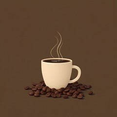 Obraz premium A steaming coffee cup sits on a pile of roasted coffee beans, against a brown background. Generated by AI