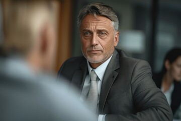 Mature man in gray suit and tie having a serious conversation across a table in a professional office setting with blurred people in the background