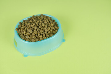 Dog food in a blue bowl on a green background with copy space