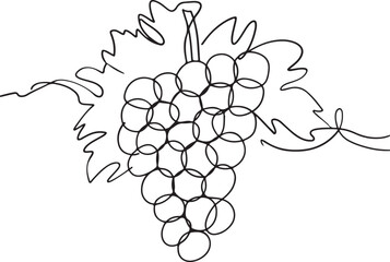 A stylish vector depiction of a grape cluster created in a simple continuous black line art sketch style drawn with flowing minimalist lines isolated on a white background