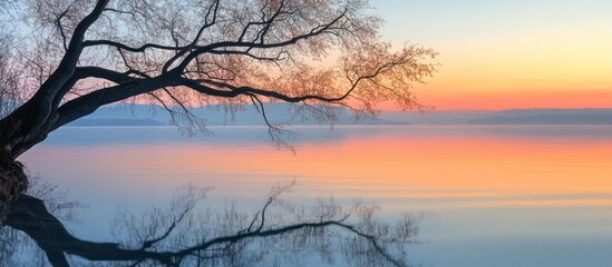 Obraz premium Lake sunrise, tree silhouette, calm water, distant hills, nature