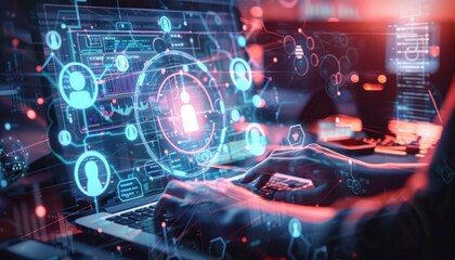 Person typing on laptop surrounded by glowing digital interface with network connections and user icons in a futuristic technology environment