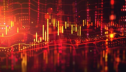 glowing red and yellow financial candlestick charts with numerical data and grid lines representing stock market trends and digital analytics