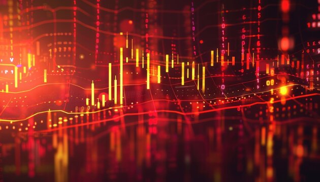 glowing red and yellow financial candlestick charts with numerical data and grid lines representing stock market trends and digital analytics