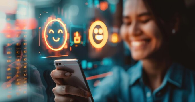 Person holding smartphone with digital smiley face and emoji icons overlay in colorful futuristic interface representing mood and emotion analysis