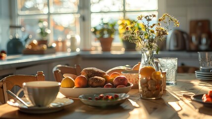 Naklejka premium Breakfast scene in kitchen with sunlight