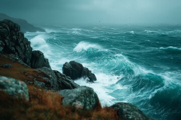 Fototapeta premium Turbulent Atlantic Ocean Crashing Against Rocky Coastline Under Overcast Sky, Dramatic Teal Water and Waves with Coastal Cliffside