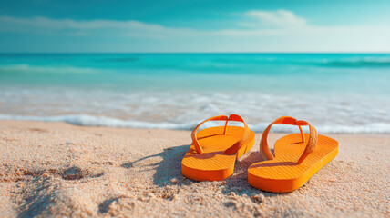 Orange flip-flops lying on warm sandy beach with turquoise ocean waves, bright blue sky and gentle sunlight, peaceful summer travel and relaxation holiday concept.