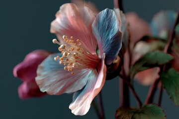 Hibiscus blossom in full bloom showcasing vibrant color gradients and prominent stamen against dark backdrop, floral imagery.