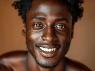 Obraz premium person with curly dark hair wearing a dark red turtleneck sweater sitting on a brown leather surface against a beige background