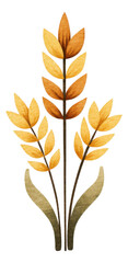Decorative illustration of golden wheat branches with green leaves isolated on transparent background.