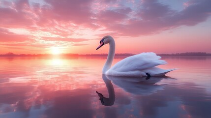 Obraz premium Swan Sunset Lake Reflection Serenity.