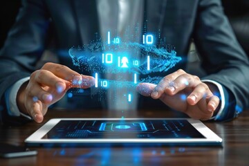 businessman interacting with futuristic holographic digital interface projecting binary code and data visualization above tablet device, concept of advanced technology and innovation