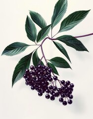 Obraz premium Cluster of dark purple berries hanging from a branch with multiple green serrated leaves on a white background, detailed botanical illustration evoking natural freshness and calm