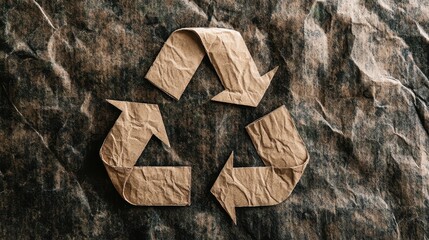 Recycled symbol, crafted from crumpled paper, on a textured surface.