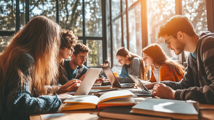 Young international students from diverse backgrounds studying together in a modern university library, books and laptops on table. Education, teamwork and multicultural learning concepts.